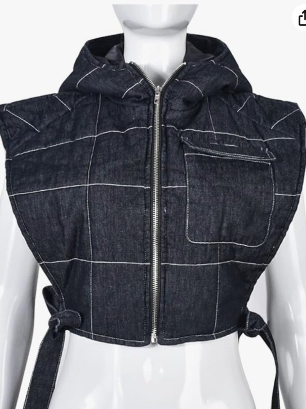 Washed Charcoal Cropped Hooded Quilted Vest Zip Front Side Tie Size M
